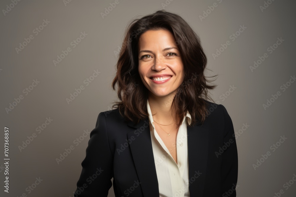 Portrait of a beautiful businesswoman smiling on a grey background. Portrait of a beautiful businesswoman smiling on a grey background.