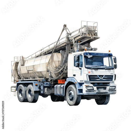 Watercolor Kamaz with a crane concrete pump isolated on a white background 