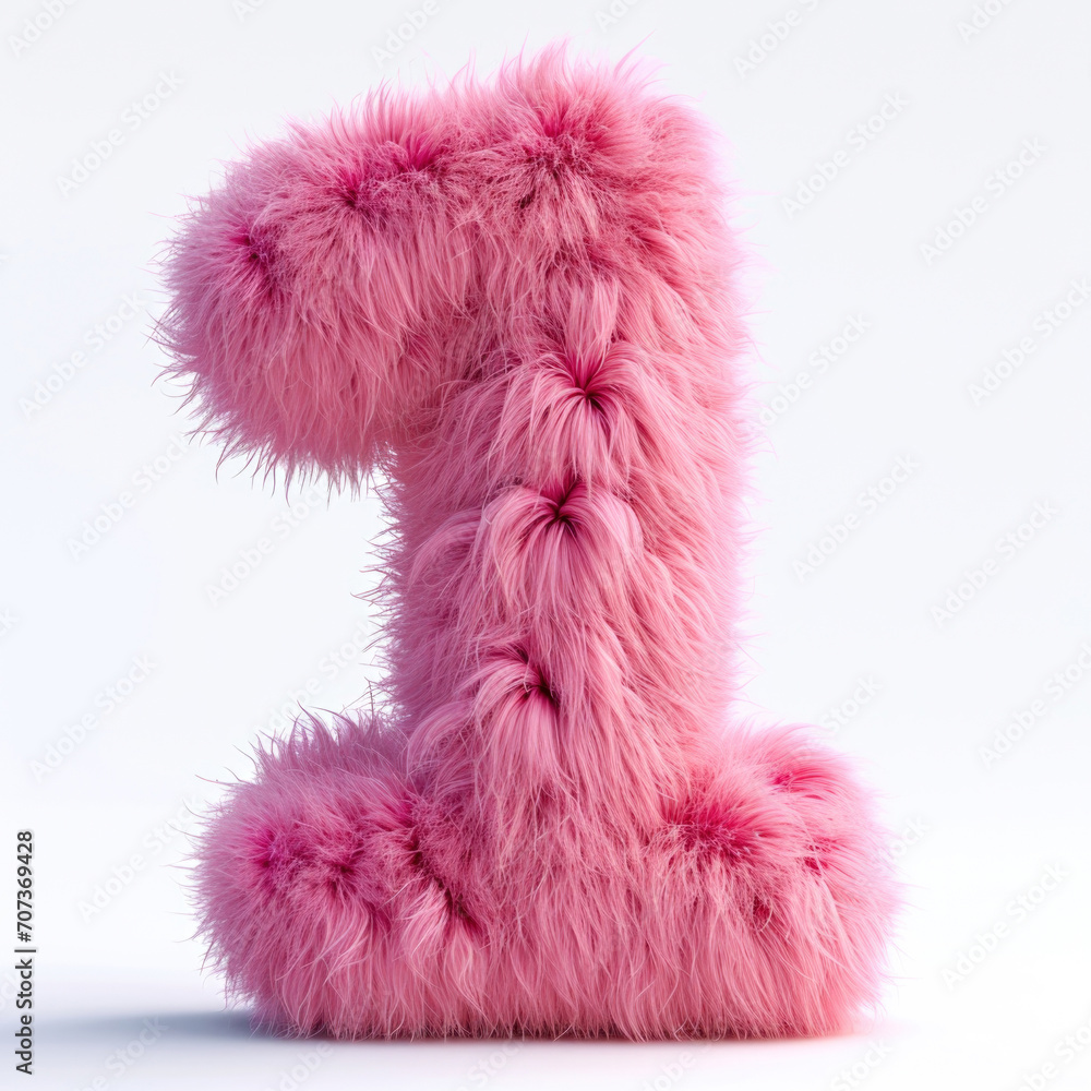 A pink fuzzy number one on a white background A pink fuzzy number one on a white background