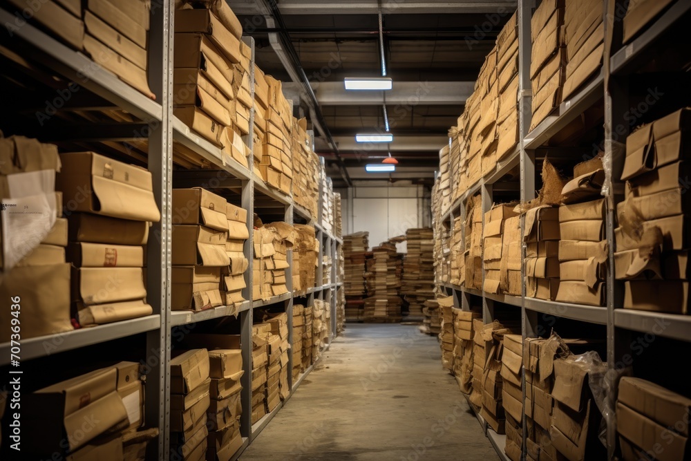 An antique large document warehouse. Several tiers of shelving An antique large document warehouse. Several tiers of shelving