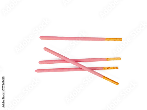 Crispy sticks in pink sugar glaze. Sticks in berry pink glaze on a white background.