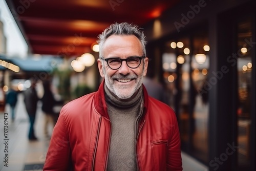 Portrait of a smiling senior man with glasses in the shopping center