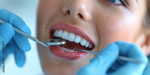 A Close-Up of a Woman with Wide-Open Teeth Undergoing Examination Using a Dentist's Mirror Tool during a Dental Checkup, Generative AI