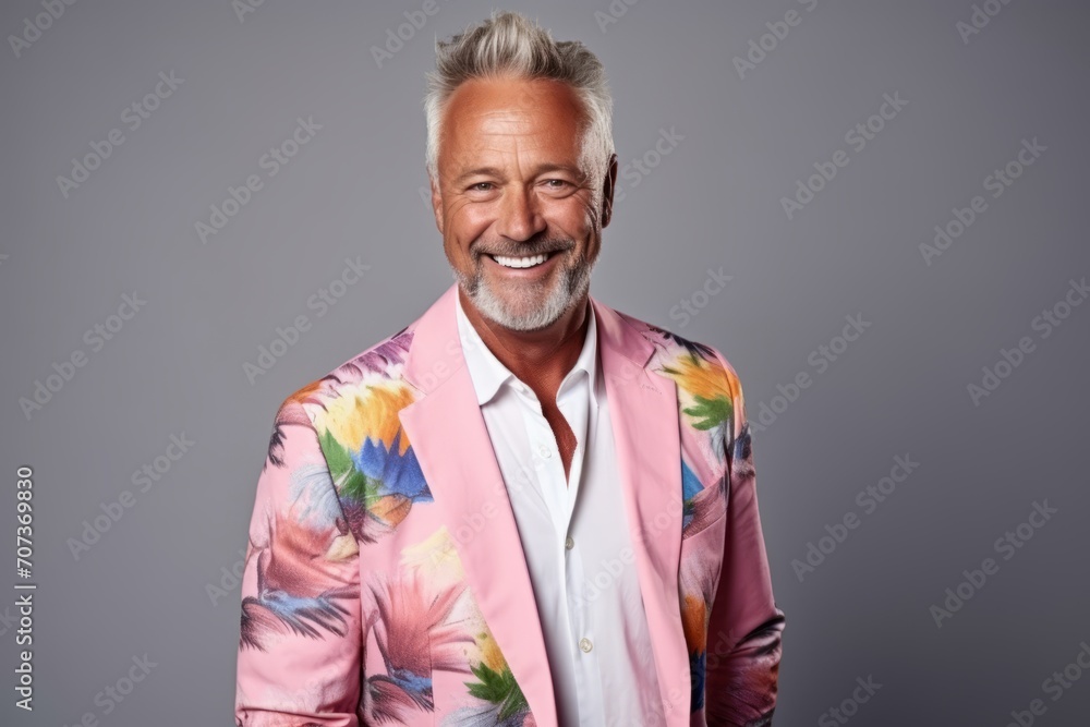 Portrait of a happy senior man smiling at the camera while standing against grey background Portrait of a happy senior man smiling at the camera while standing against grey background