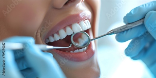 A Close-Up of a Woman with Wide-Open Teeth Undergoing Examination Using a Dentist s Mirror Tool during a Dental Checkup  Generative AI