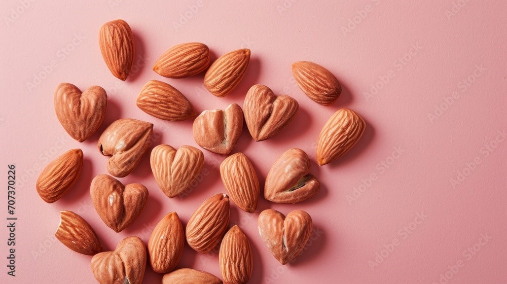 a pile of almonds sitting on top of a pink surface next to a pair of scissors on top of a pink surface with a bunch of almonds in the middle. a pile of almonds sitting on top of a pink surface next to a pair of scissors on top of a pink surface with a bunch of almonds in the middle.