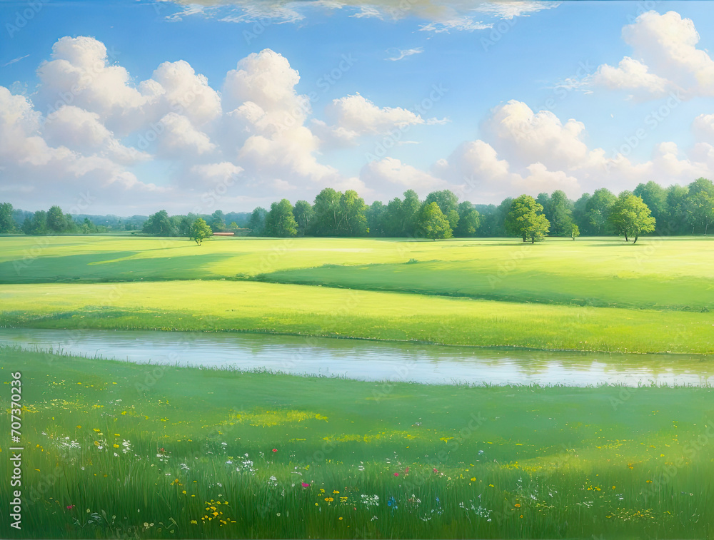 Fototapeta premium Tranquil landscape. Scenic nature view with green fields and sky with fluffy clouds.