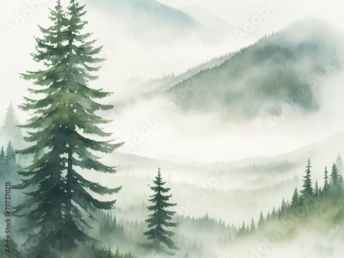 Watercolor painting with spruce trees in morning mist. © pictures_for_you