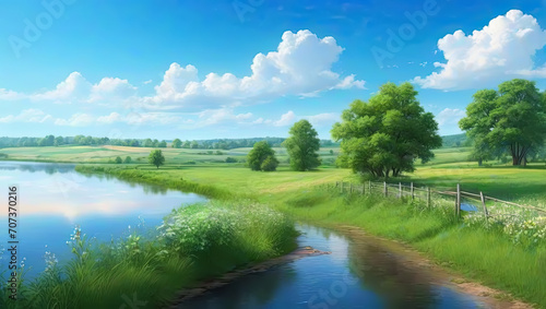 Tranquil landscape. Scenic nature view with green trees, fields and river.