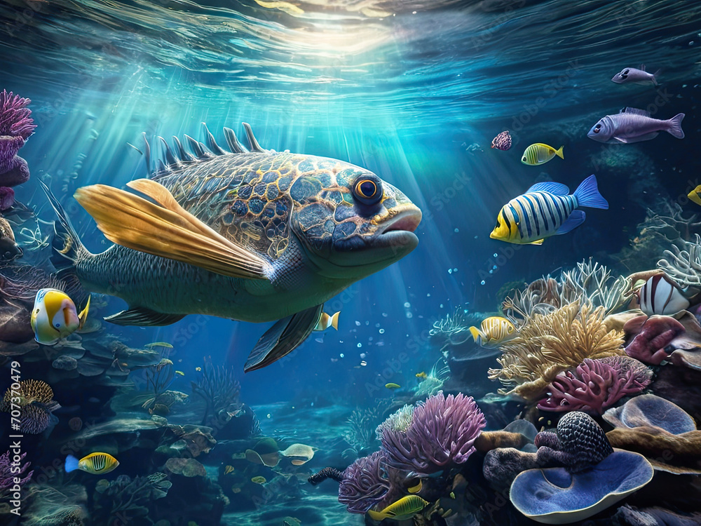 Fantasy underwater world with swimming exotic fish. Fantasy underwater world with swimming exotic fish.