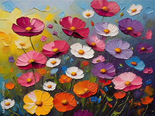 Oil painting of bright flowers. Modern impressionism art.