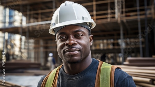 A striking portrait showing a black helmeted worker standing confidently in front of a building.