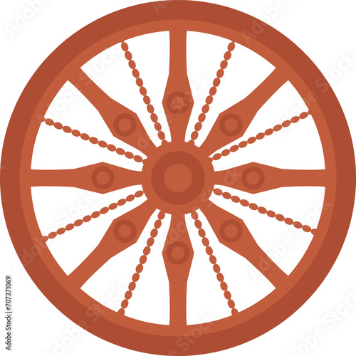 Red wagon wheel with vintage design on white background. Classic old-fashioned carriage wheel vector illustration.