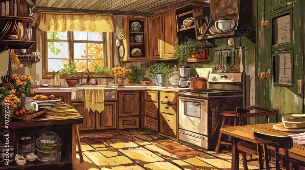 a painting of a kitchen with a table, stove, cabinets, and a table with a potted plant on top of it and a potted plant in the window sill. a painting of a kitchen with a table, stove, cabinets, and a table with a potted plant on top of it and a potted plant in the window sill.