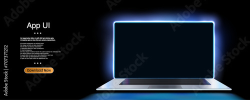 Futuristic Laptop with Glowing Blue Edges Displaying Blank Screen, Ideal for App UI Presentation, on a Dark Background - Perfect for Digital Designers and Developers