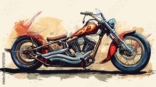  a drawing of a motorcycle with flames on the side of the bike and a red flame on the side of the bike, on a beige background with red spots.