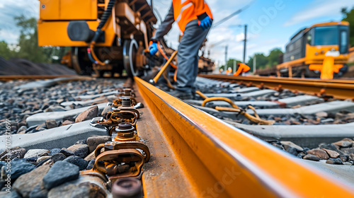 Uma fotografia capturando trabalhadores realizando manutenção em trilhos de trem e infraestrutura simbolizando a constante manutenção das redes de transporte photo