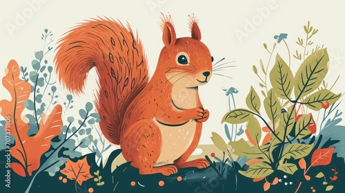  a red squirrel sitting on top of a rock in a forest filled with leaves and flowers on a white background with a blue sky in the middle of the picture.