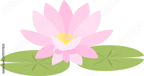 Pink lotus flower with petals open  yellow center  two green leaves. Simplified floral design  peaceful nature element vector illustration.