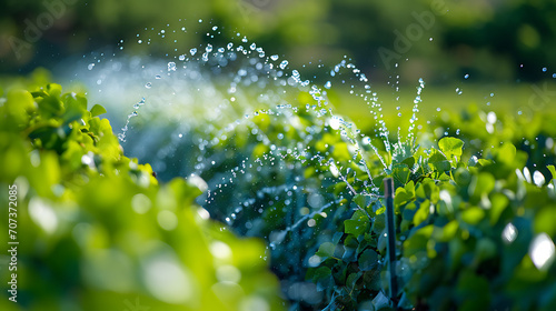 Uma fotografia de um sistema de irrigação agrícola em ação mostrando o uso eficiente de recursos hídricos nas práticas modernas de agricultura