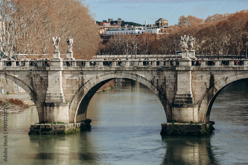 Rome, Italy - 27.12.2023: St. Angelo Bridge and Castel Sant'Angelo in Rome