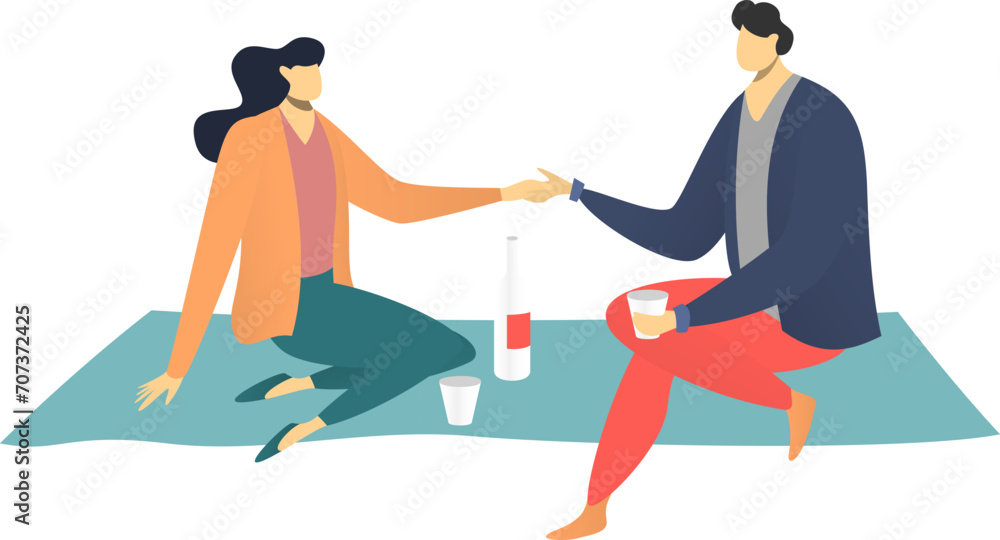 Young adult man and woman sitting on floor with coffee. Casual indoor meeting, sharing a drink. Friendship and relax time vector illustration.