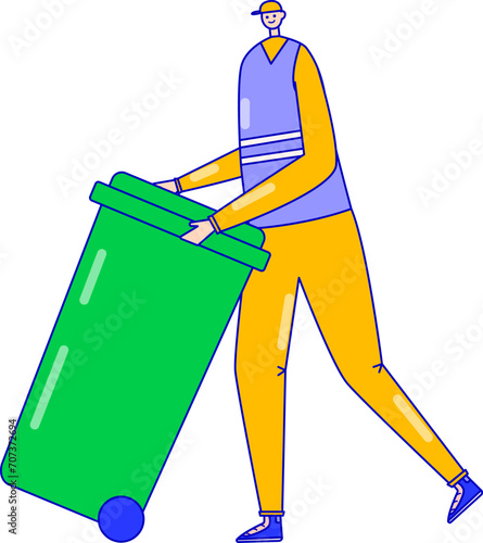 Young man in casual clothes pushing a large green trash bin. Sanitation worker doing his job, recycling, cleanliness drive vector illustration.