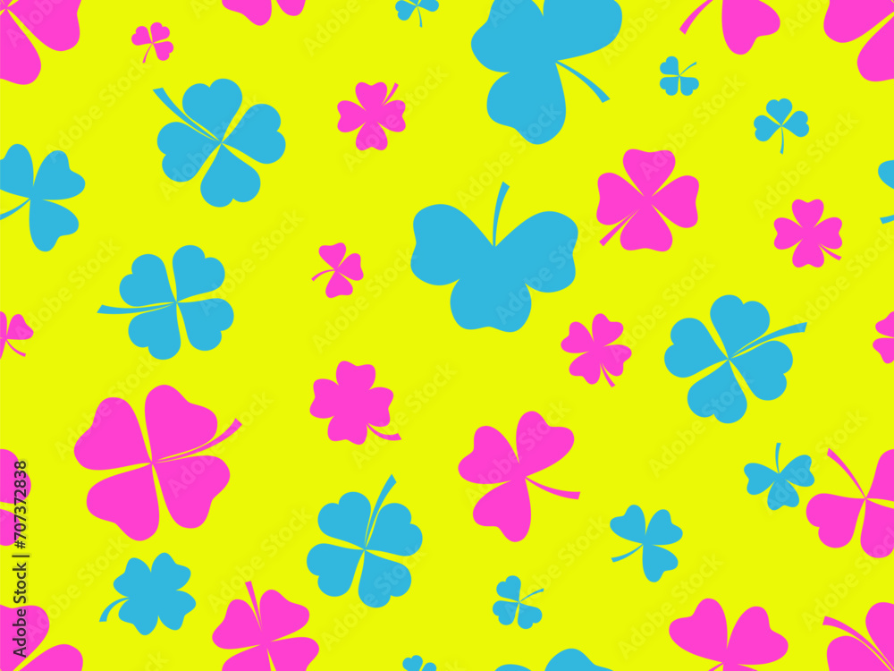 Seamless pattern with clovers for St. Patrick's Day. Multi-colored four-leaf and three-leaf clover leaves. Background for printing on paper, advertising materials and fabric. Vector illustration