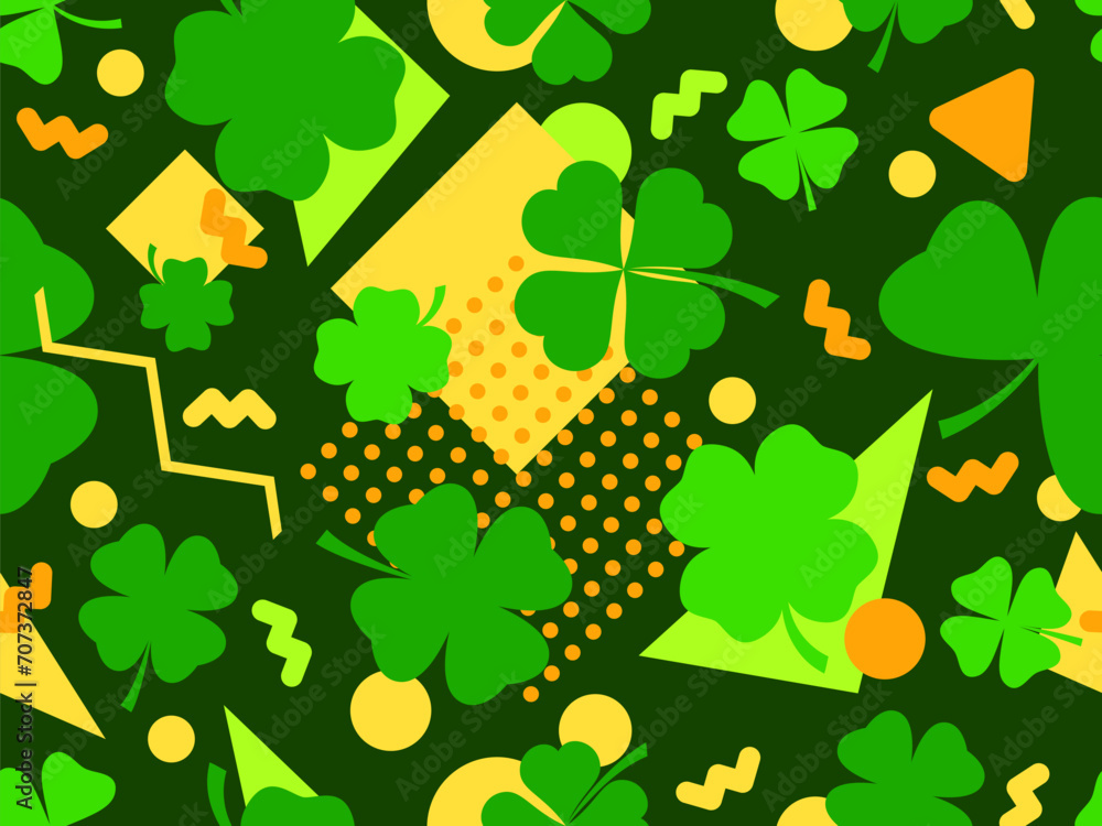 Obraz premium Seamless pattern with clover and geometric shapes in 80s Memphis style. St. Patrick's Day background with green four-leaf and three-leaf clovers for good luck. Vector illustration