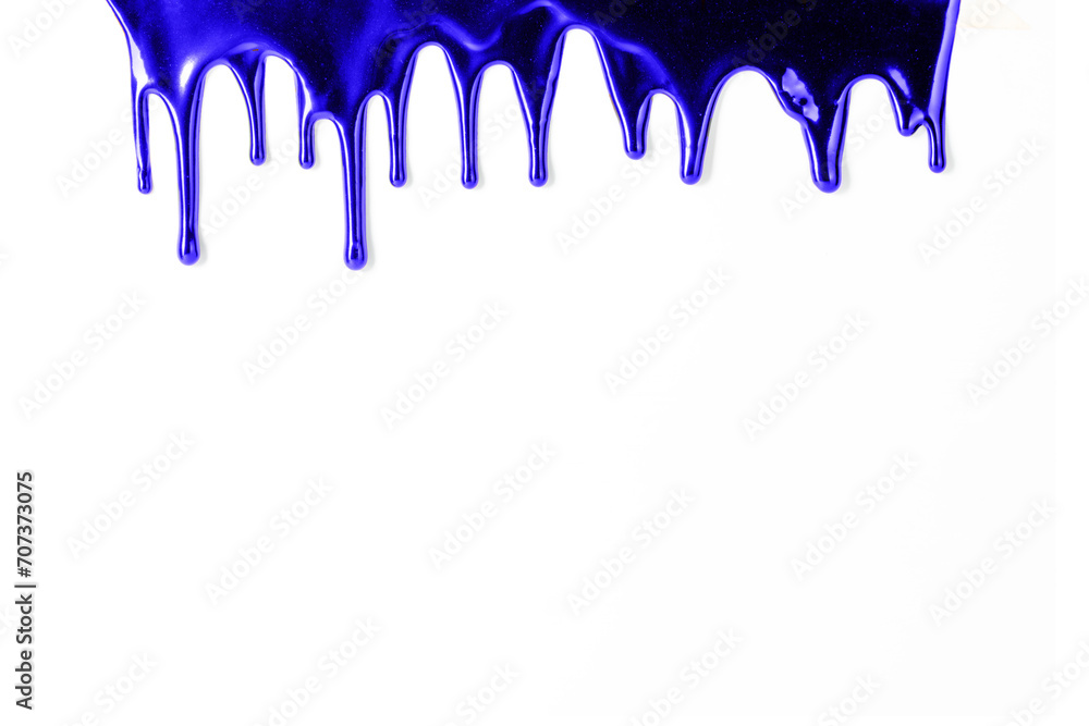 Blue metallic, paint leaking, dripping down over white background. Abstract background, copy space Blue metallic, paint leaking, dripping down over white background. Abstract background, copy space