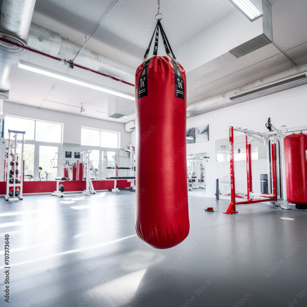 red punching bag in white gym