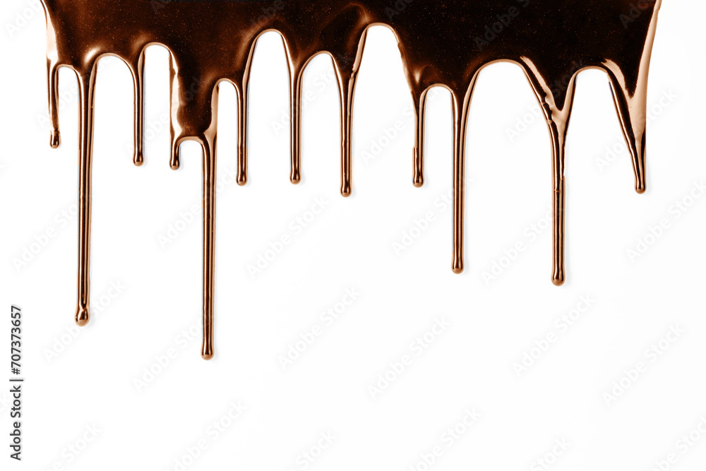 Dripping melted chocolate, white background