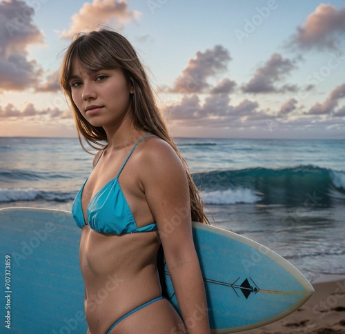 a young surfer in a serene, calm, beautiful Hawaiian beach holding a surf board enjoying beautiful weather
