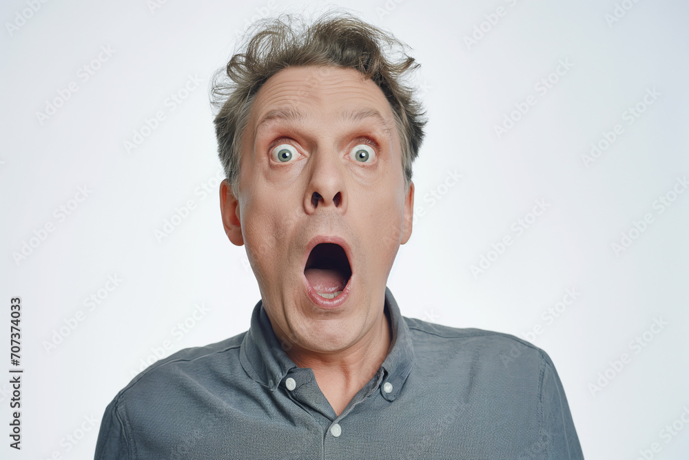 Man expresses surprise and shock with mouth open and eyes wide open Man expresses surprise and shock with mouth open and eyes wide open