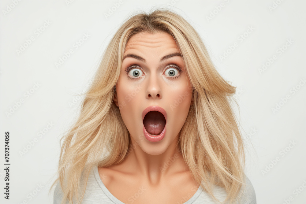 Woman expresses surprise and shock with mouth open and eyes wide open Woman expresses surprise and shock with mouth open and eyes wide open