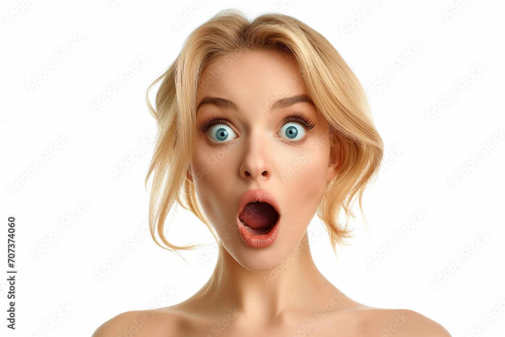 Woman expresses surprise and shock with mouth open and eyes wide open Woman expresses surprise and shock with mouth open and eyes wide open