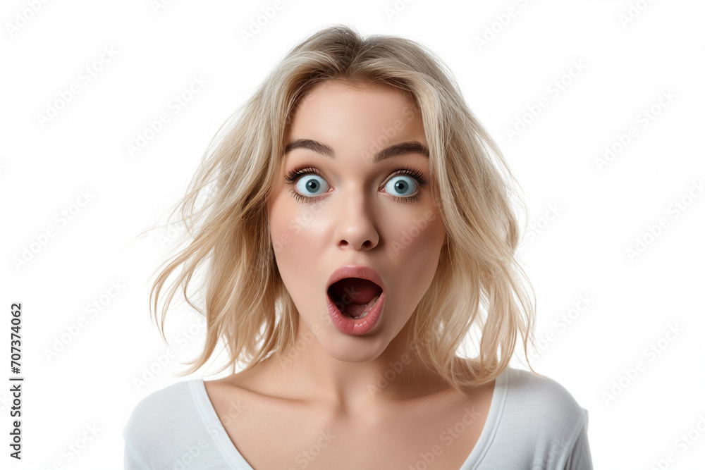 Woman expresses surprise and shock with mouth open and eyes wide open Woman expresses surprise and shock with mouth open and eyes wide open