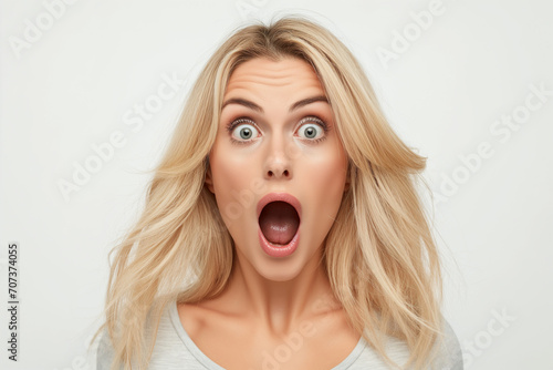 Woman expresses surprise and shock with mouth open and eyes wide open photo