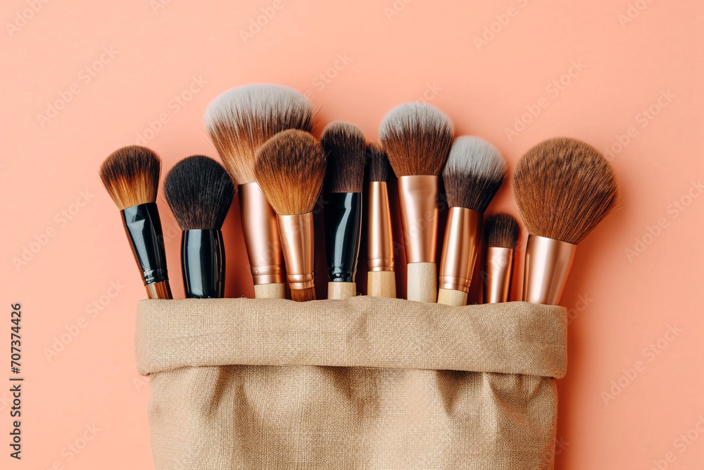 Top view of set of assorted soft brushes for makeup application placed in paper bag on peach coral beige background. Flat lay style. Cosmetic banner with copy space. Wooden handles and natural bristle - obrazy, fototapety, plakaty 