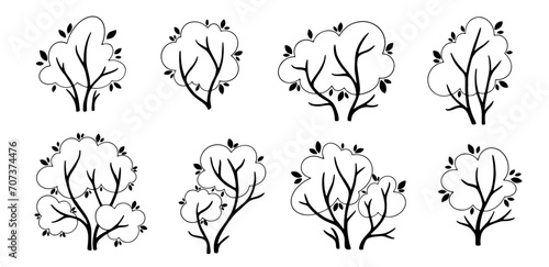 Set of doodles of decorative trees, shrubs.Vector graphics.