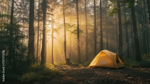 Tourism concept. Dawn in a foggy forest with a lonely tent. Man lives in the forest