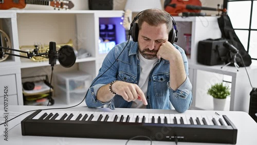 Mature man with headphones playing a keyboard in a well-equipped home music studio. photo