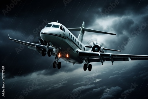 Commercial Airliner Flying Through Stormy Weather and Rainy Clouds in Thunderstorm Conditions