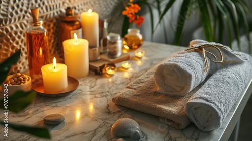 Serene Relaxation Haven. Empty background with a massage table adorned with towels, candles, and aromatherapy oils. Copy space for text. Spa retreat, wellness 