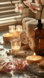 Serene Relaxation Haven. Empty background with a massage table adorned with towels, candles, and aromatherapy oils. Copy space for text. Spa retreat, wellness 