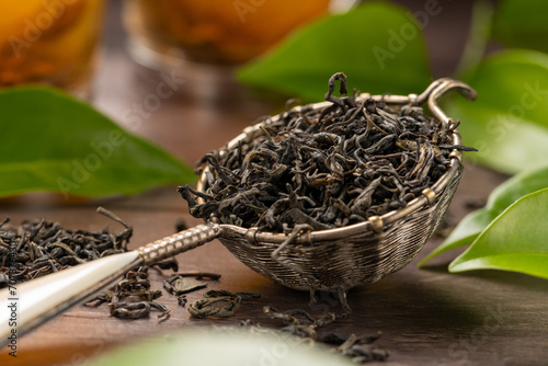 Pile of green tea loose leaves, it lower blood pressure and reduce the risk of heart disease.