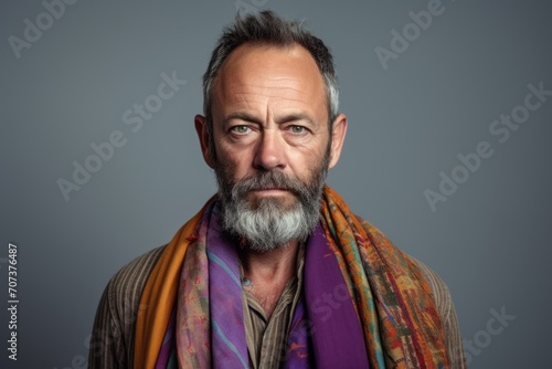 Portrait of an old man with a beard and a colorful scarf.
