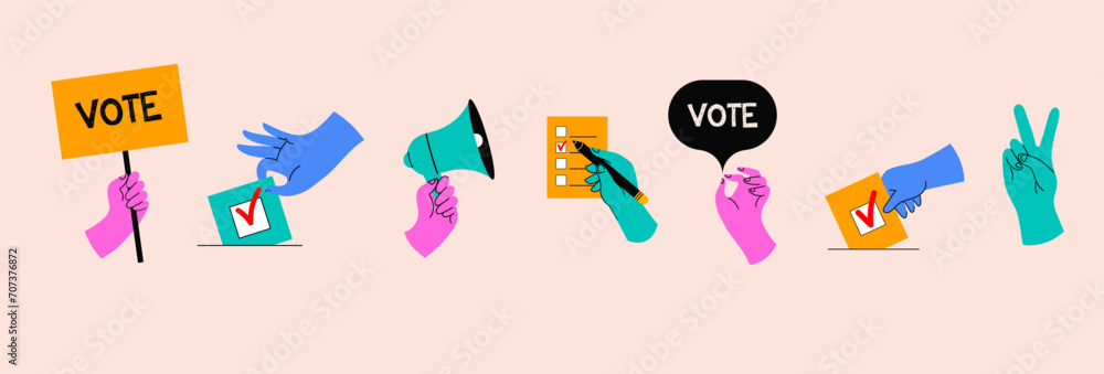 Φωτογραφία Vote, election concept design with hand drawn hands holding Vote sign, leaving vote, participate in voting, holding a megaphone, hand leaving paper in ballot box