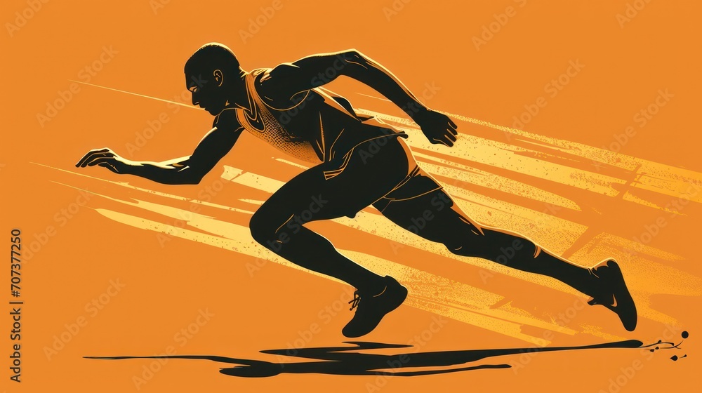  a silhouette of a man running across a field with a ball in his hand and a ball in his other hand, in front of an orange and yellow background.