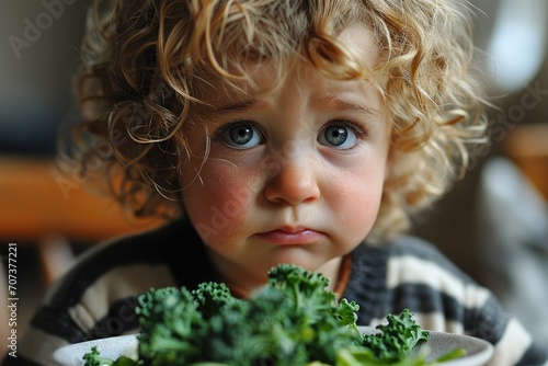 Healthy Eating Dilemma: The child's reluctance to embrace a plate of vegetables, portraying the challenges in promoting nutritious meals and the difficulties associated with instilling healthy habits photo